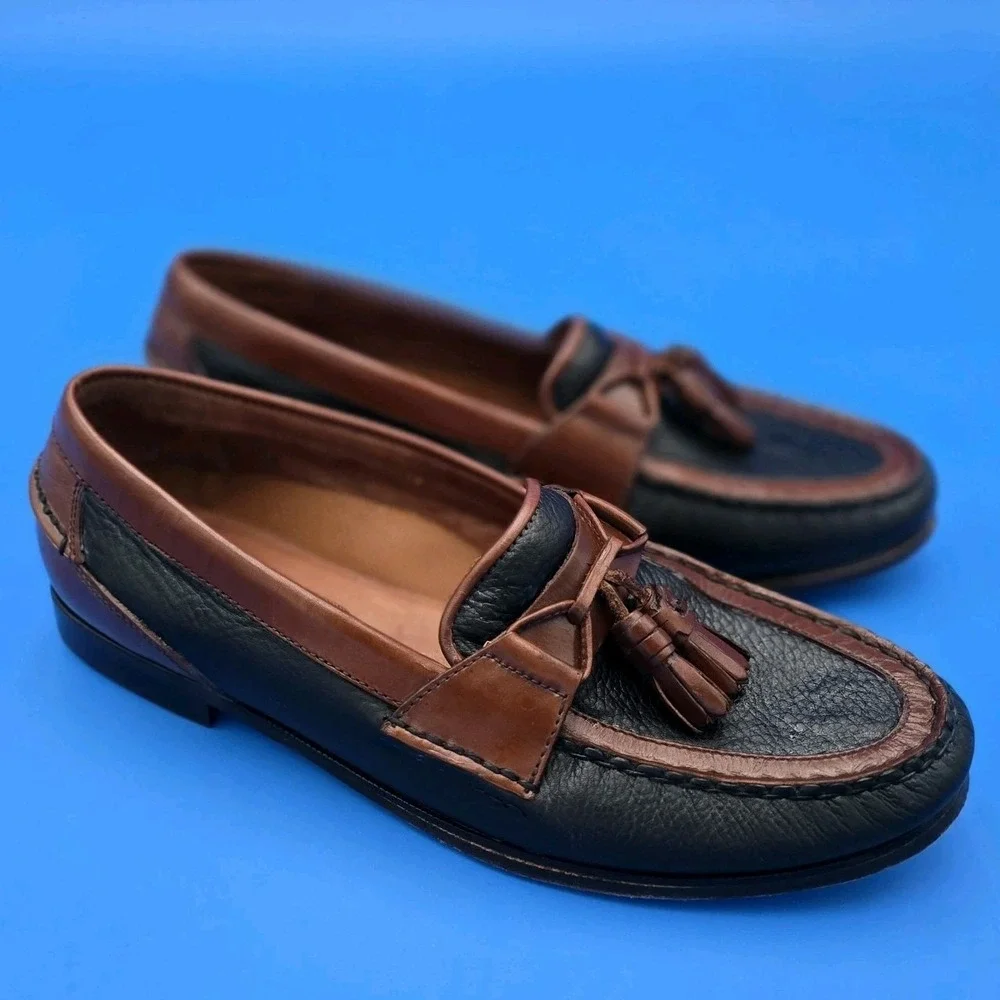 Florsheim Men Loafers Tassel Sz 10.D Leather Black Pebble-Grain Brown Trim Shoes